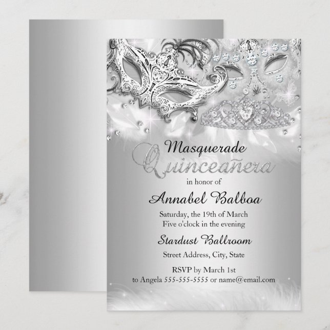 Invitación de Quinceañera de Máscara de Plata Bril (Anverso / Reverso)