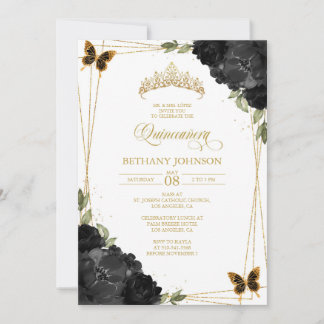 Invitación de Quinceañera de Negro y Dorado