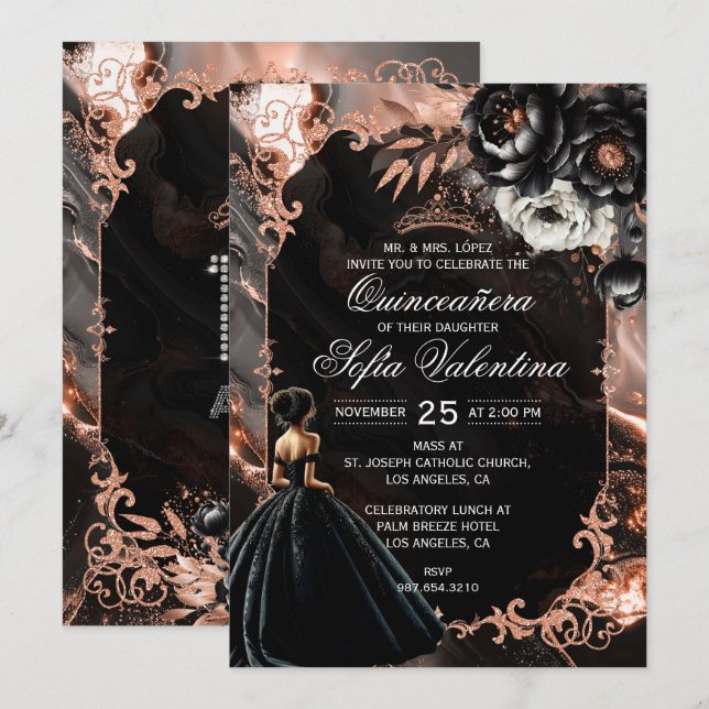 Invitación de Quinceañera de Oro Rosa y Negro (Anverso / Reverso)