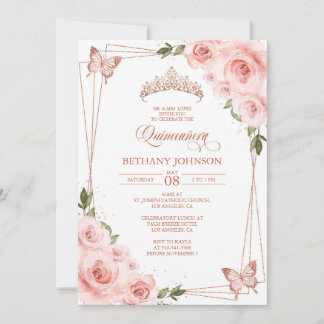 Invitación de Quinceañera de oro rosa y rosa