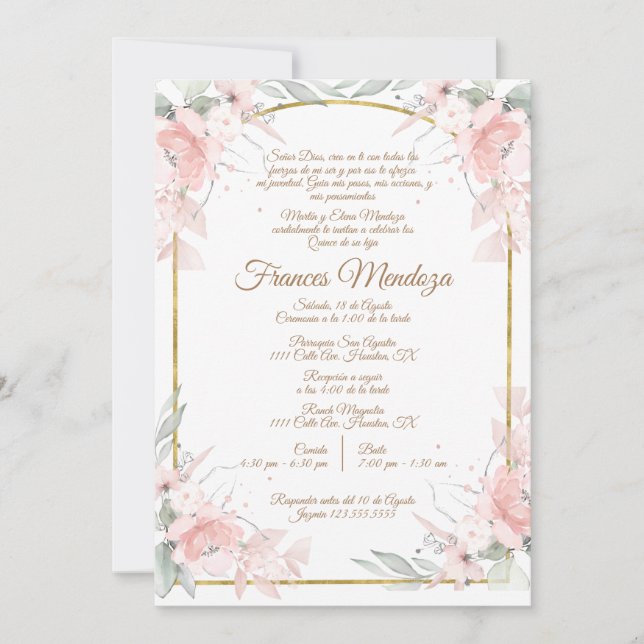 Invitación de quinceañera de ramo rosa (Anverso)