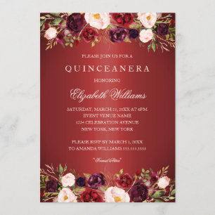 Invitación de Quinceañera de Rosa de Borgoña Roja