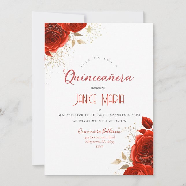 Invitación de Quinceañera de Rosa Roja y Dorada (Anverso)