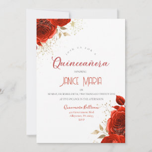 Invitación de Quinceañera de Rosa Roja y Dorada