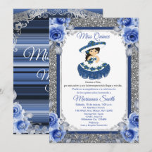 invitación de Quinceañera de rosas azul real