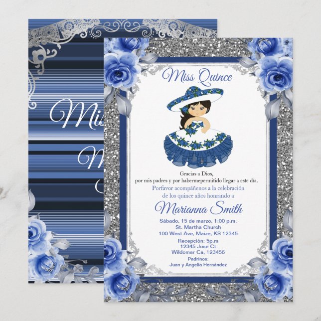 invitación de Quinceañera de rosas azul rey (Anverso / Reverso)