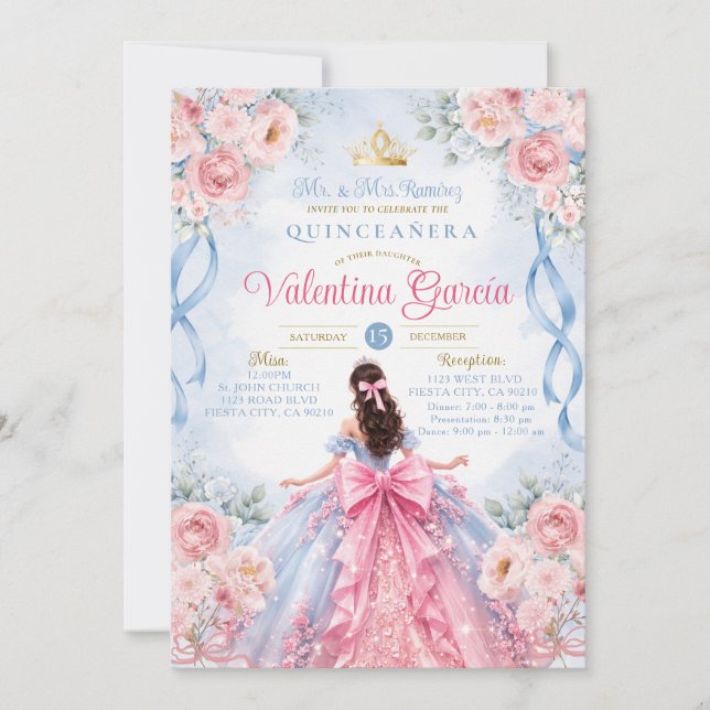 Invitación de Quinceañera de Rosas Azules Rosadas (Anverso)