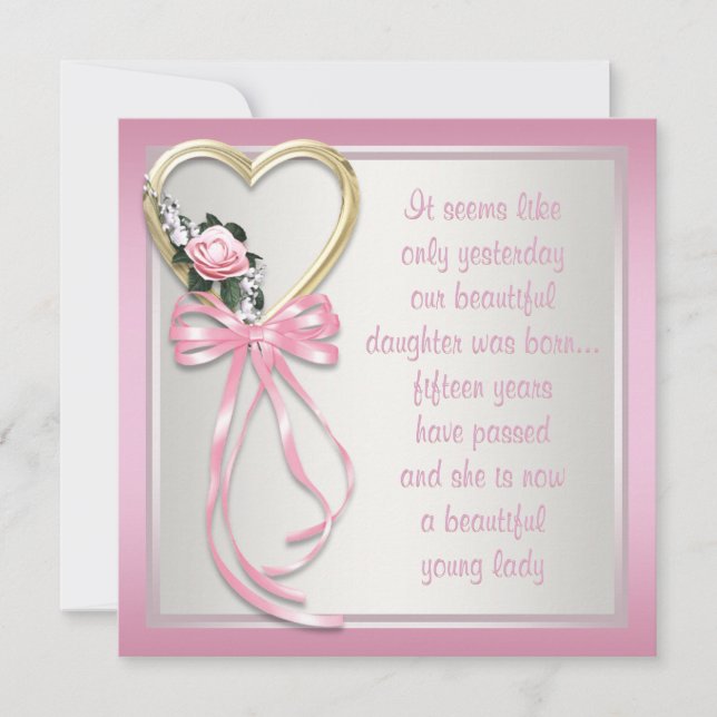 Invitación de Quinceañera de Rosas Corazón Rosa Bl (Anverso)