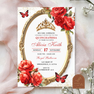 Invitación de Quinceañera de Rosas Doradas y Rojas