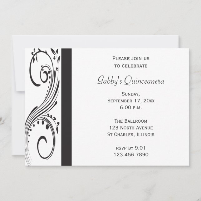 Invitación de Quinceañera de Swirl Blanco y Negro (Anverso)