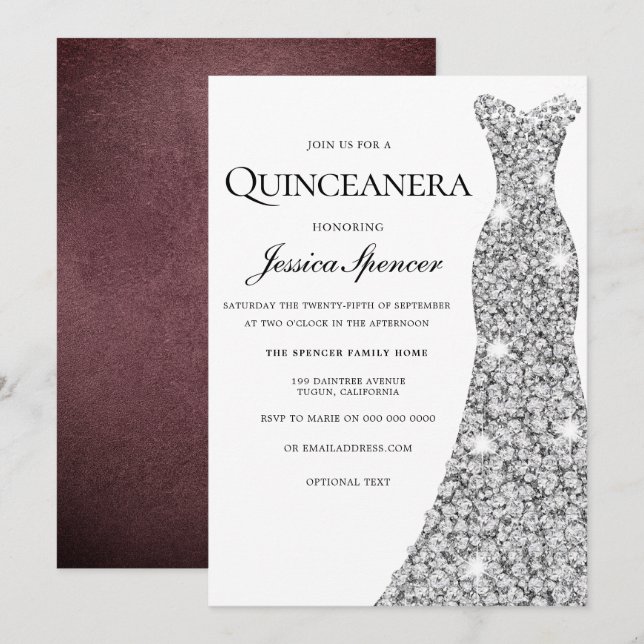 Invitación de Quinceanera de terciopelo de piel de (Anverso / Reverso)
