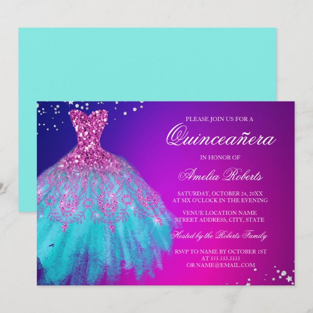 Invitación de Quinceañera de Vestido de Brillo Ros (Anverso / Reverso)