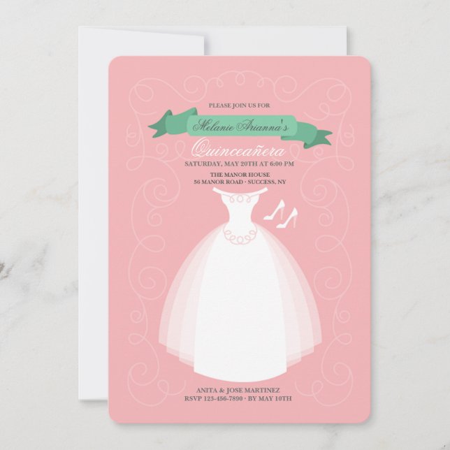 Invitación de Quinceañera de vestir blanco (Anverso)