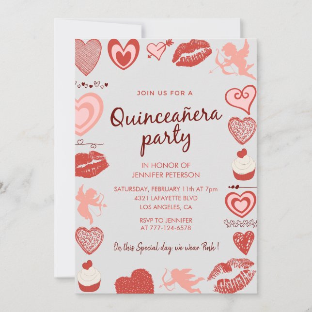 Invitación de quinceañera del día de San Valentín  (Anverso)