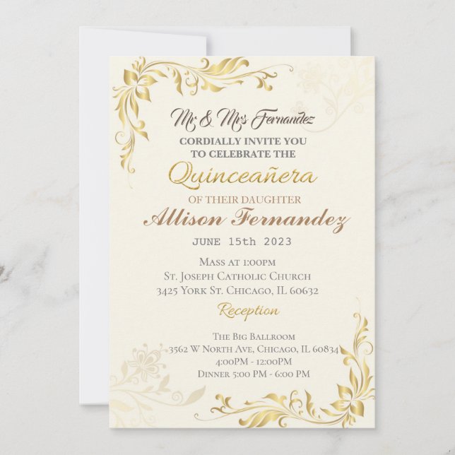 Invitación de quinceañera dorada (Anverso)