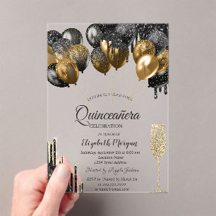 Invitación de Quinceañera Dorada con Glitter Drips