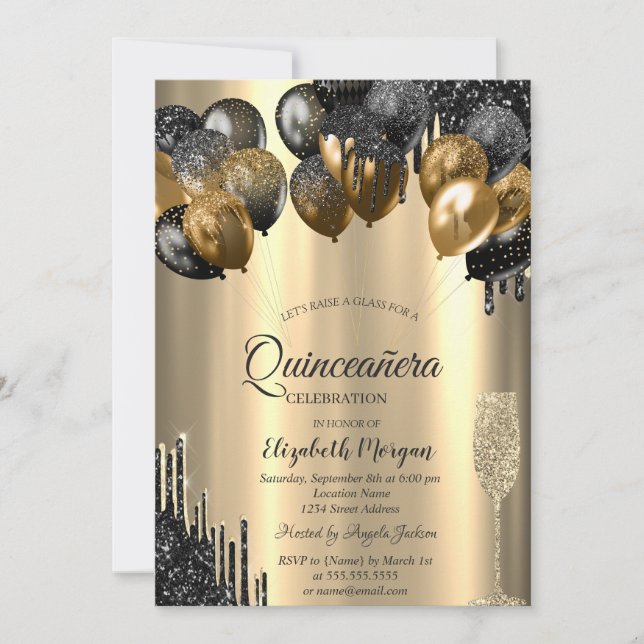 Invitación de Quinceañera Dorada con Glitter que G (Anverso)