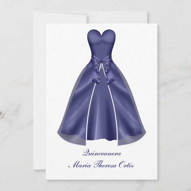 Invitación de Quinceañera Elegante Vestido Azul (Anverso)