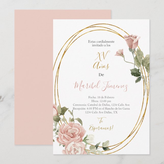 Invitación de Quinceanera en castellano (Anverso / Reverso)