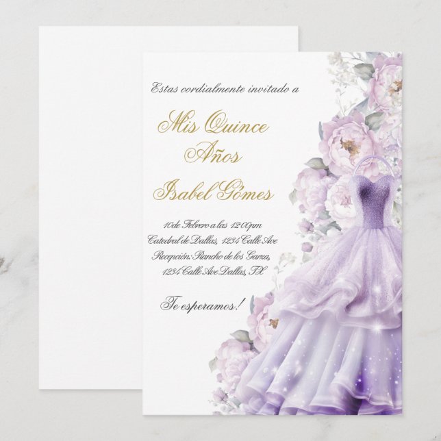 Invitación de Quinceanera en español con vestido (Anverso / Reverso)