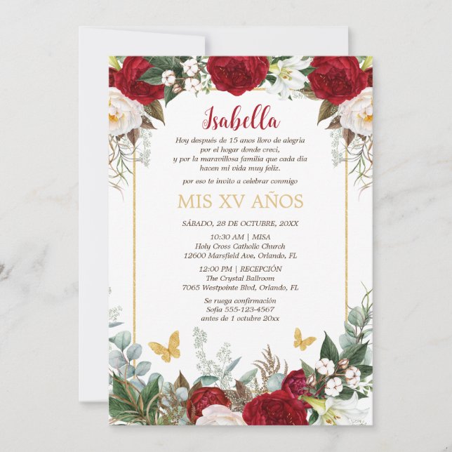 Invitación de Quinceañera en Español Flores Rojas (Anverso)