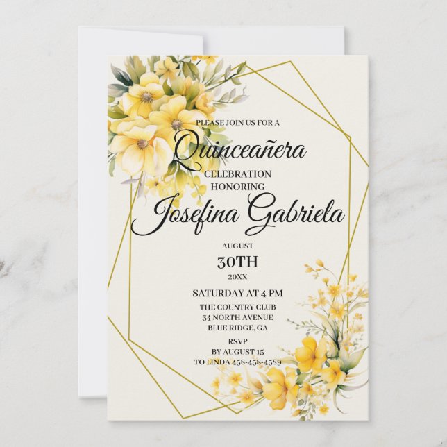 Invitación de Quinceañera en Oro Amarillo (Anverso)