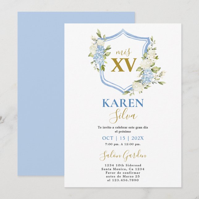 Invitación de Quinceanera, Escudo azul turquesa (Anverso / Reverso)