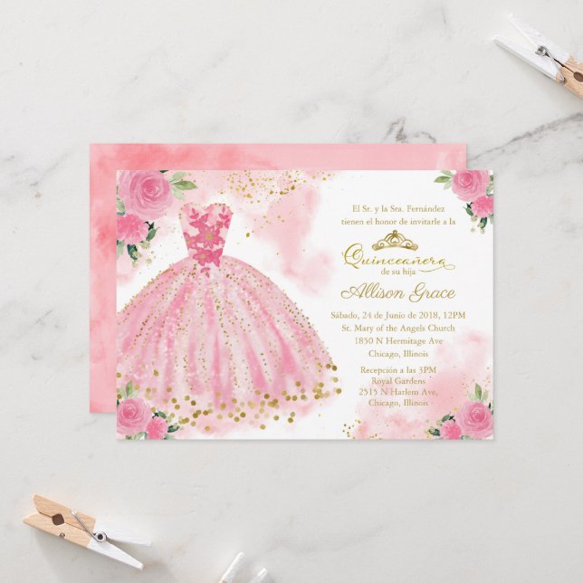 Invitación de Quinceañera Español Rosa Caliente Do (Anverso/Reverso In Situ)