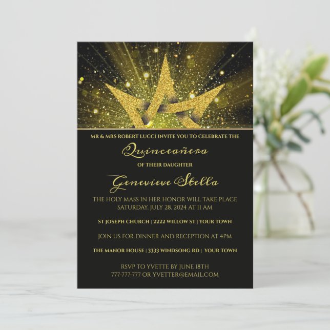 Invitación de Quinceanera, estrella de oro purpuri (Anverso de pie)