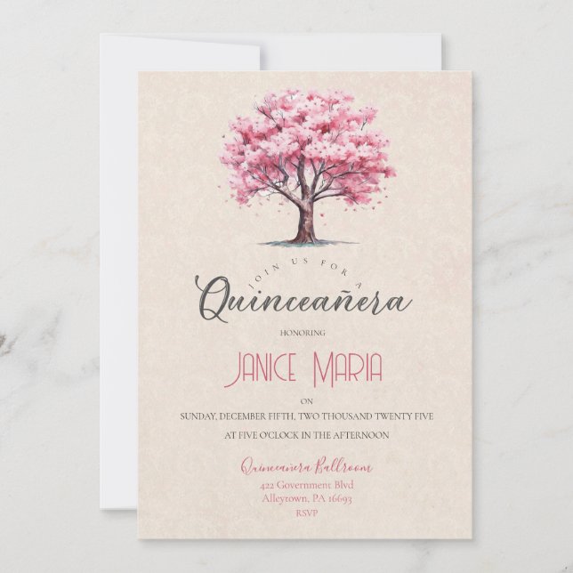 Invitación de Quinceañera Flor de Cerezo (Anverso)