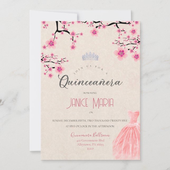 Invitación de Quinceañera Flor de Cerezo (Anverso)