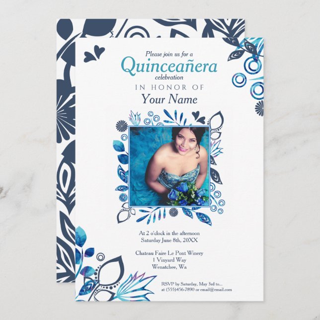 Invitación de Quinceañera floral azul (Anverso / Reverso)