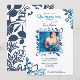 Invitación de Quinceañera floral azul