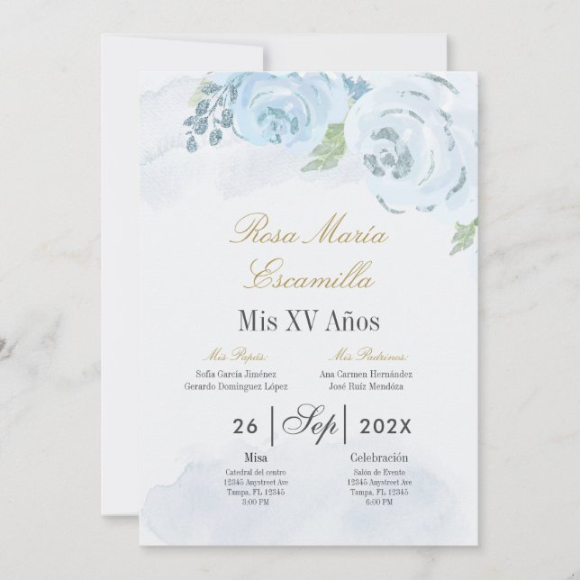 Invitación de Quinceanera floral azul (Anverso)