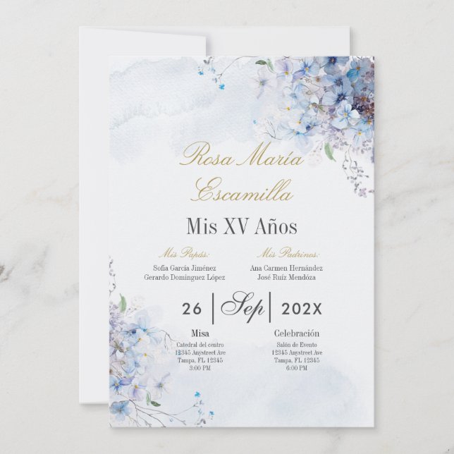 Invitación de Quinceanera floral azul (Anverso)