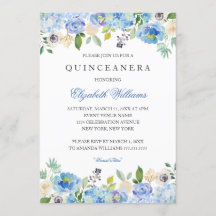Invitación de Quinceañera Floral Azul Elegante