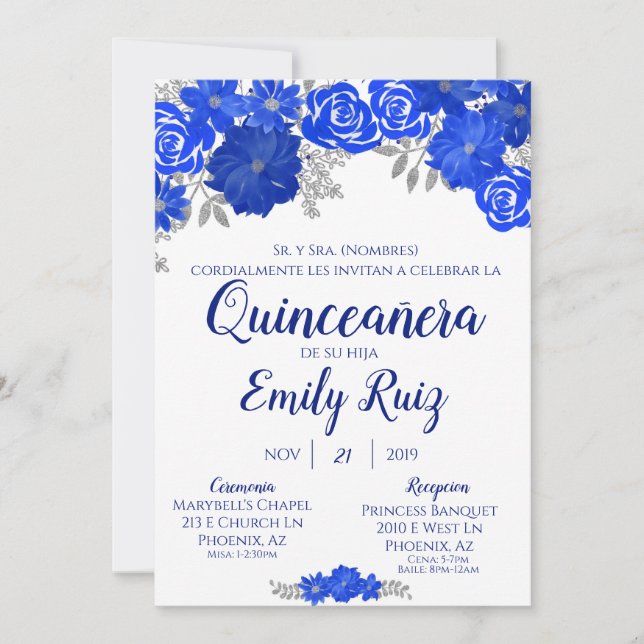 Invitación De Quinceañera Floral Azul En Español (Anverso)