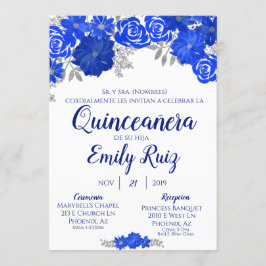 Invitación De Quinceañera Floral Azul En Español