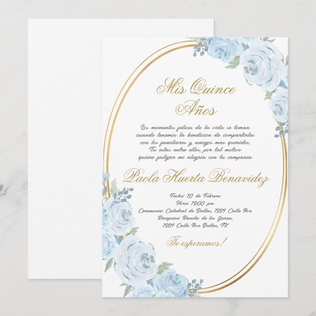 Invitación de Quinceanera floral azul en español (Anverso / Reverso)