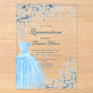 invitación de Quinceañera floral azul polvoriento