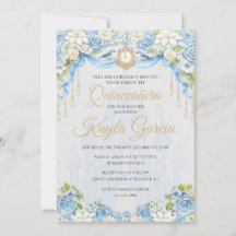 Invitación de Quinceañera Floral Azul Polvoriento 