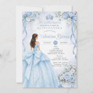 Invitación de quinceañera floral con lazo azul pol