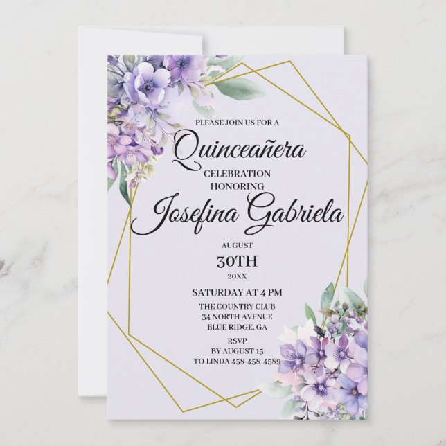 Invitación de Quinceañera floral de lavanda (Anverso)