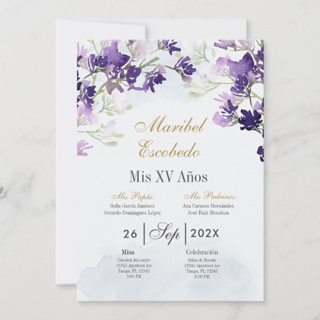 Invitación de Quinceanera floral de Lavender (Anverso)