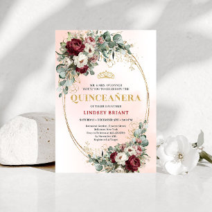 Invitación de Quinceañera Floral Dorada Marsala Re