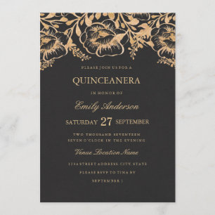 Invitación de Quinceañera Floral Dorado Vintage