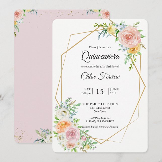 Invitación de Quinceañera floral elegante (Anverso / Reverso)