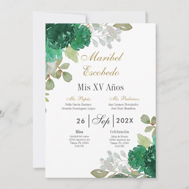 Invitación de Quinceanera floral esmeralda (Anverso)