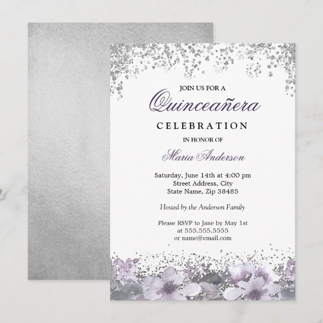 Invitación de Quinceanera floral morada Purpurina  (Anverso / Reverso)