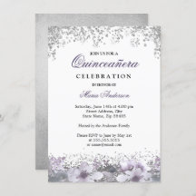 Invitación de Quinceanera floral morada Purpurina 
